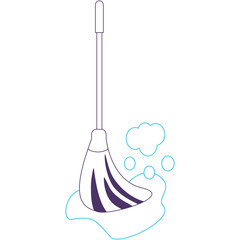 Illustration of a Mop with Soap Bubbles and Water Splashes Against a White Background Representing Cleaning and Hygiene