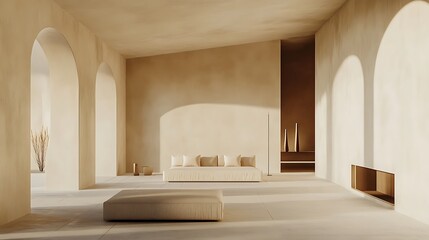 modern minimalist living room featuring warm neutral tones, architectural arches, and textured walls, illuminated by natural light for tranquil home decor and design concepts.