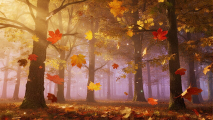 Autumn leaves falling in the forest