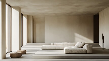 minimalist modern living room with a neutral palette, a large sectional sofa, organic poufs, and natural light highlighting the contemporary architectural design.