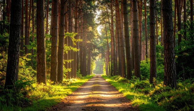 Sunlight Bathes a Dirt Path Through a Dense Pine Forest with Tall Evergreen Trees and Green Foliage Illuminated by Golden Hour Light