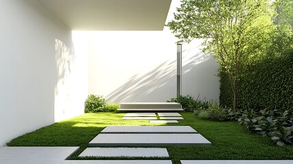 Sunny contemporary garden with clean white walls, a vibrant green lawn, and geometric concrete stepping stones leading through lush plants.