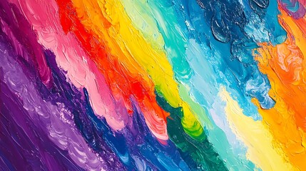 vibrant abstract painting featuring a spectrum of rainbow colors with thick, textured impasto brushstrokes, creating an energetic and artistic background.