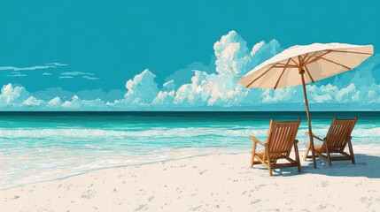 Relaxing scene on a sunny beach with two lounge chairs and a large umbrella near calm blue ocean waves