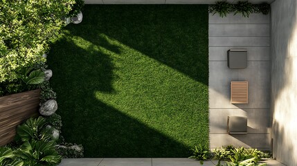 Top-down perspective of a contemporary garden featuring a lush green lawn, concrete patio with minimalist outdoor furniture, and diverse plant life. Ideal for landscape design and home exterior
