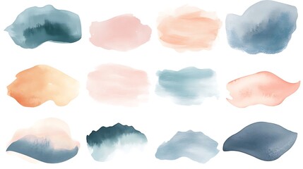 set of soft, ethereal watercolor paint swatches in varying organic shapes and pastel colors, perfect for graphic design, branding, and backgrounds.