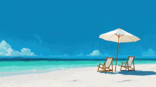 Relaxing beach scene with chairs and umbrella under clear blue sky by the ocean on a sunny day - Powered by Adobe
