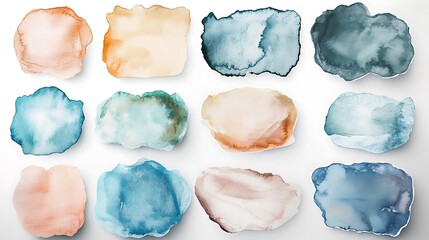 harmonious collection of irregular hand-painted watercolor shapes in soft pastel and muted tones, ideal for serene artistic and graphic design projects.
