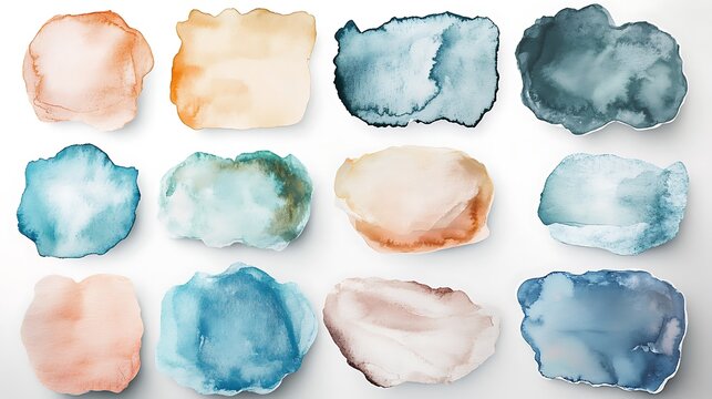 harmonious collection of irregular hand-painted watercolor shapes in soft pastel and muted tones, ideal for serene artistic and graphic design projects.