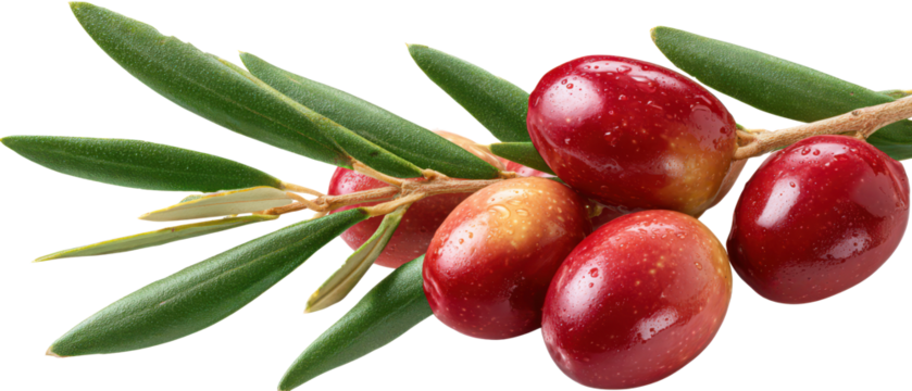 Fresh Red Olives With Green Leaves Isolate on Transparent Background, png