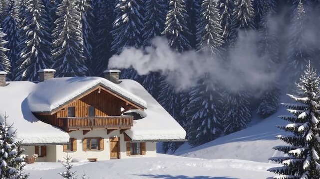 Chalet traditionnel en bois et cr&eacute;pi blanc sous un &eacute;pais manteau de neige, avec une chemin&eacute;e laissant &eacute;chapper de la fum&eacute;e. Ciel bleu clair et sapin enneig&eacute; cr&eacute;ant une ambiance hivernale alpine.