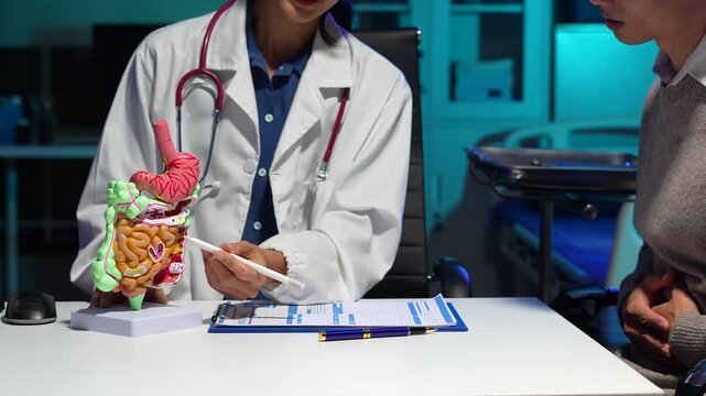Female doctor explaining digestive system anatomy and diagnosis using intestinal model.
