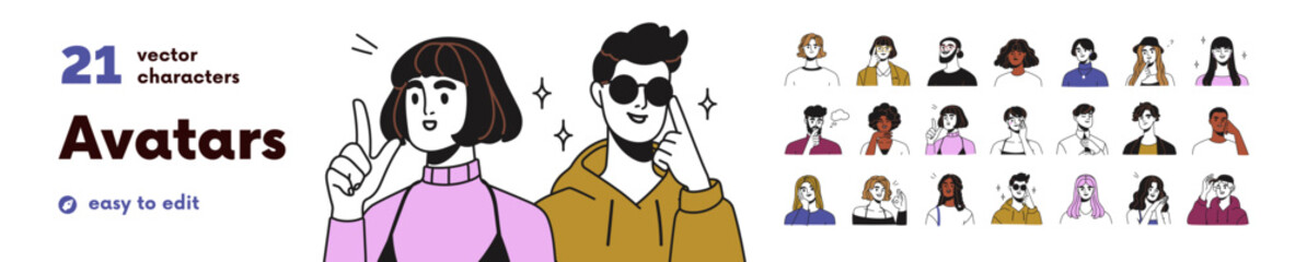 Happy people avatars set. Modern line character heads, thoughtful girls and guys. Young men and women portraits with thinking face expressions. Flat vector illustrations isolated on white background