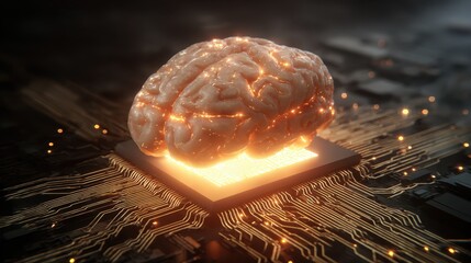Digital brain on a circuit board glowing with lights shows the intersection of technology and neuroscience in a futuristic setting