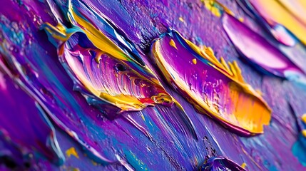 Close-up of dynamic, colorful abstract paint strokes creating a rich, glossy texture with purple, yellow, and blue hues. Ideal for artistic backgrounds.