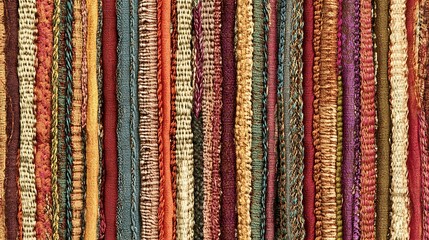 Vibrant textile background featuring diverse woven strips in vertical arrangement, perfect for fashion, interior design, or craft projects.