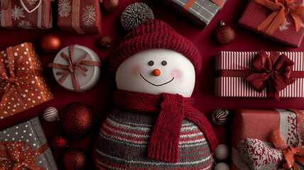 New year shopping. Snowman near colorful gift boxes and bows on red background.