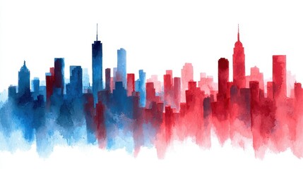 Obraz premium Colorful skyline silhouette featuring blue and red watercolor effects during sunset over a modern city landscape