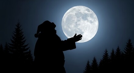 Santa silhouette reaching for the moon in a winter forest at night scene