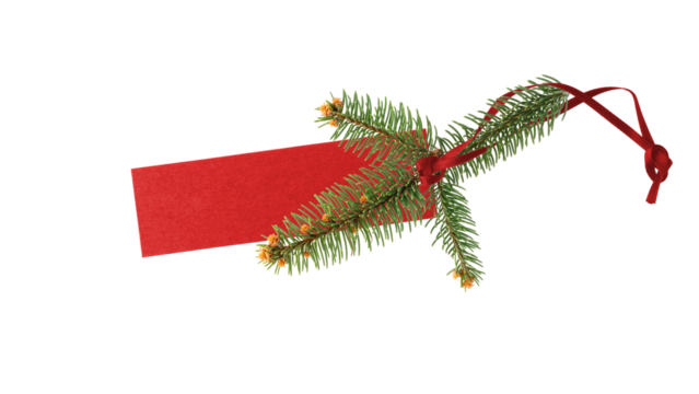 Blank dark red paper label with ribbon and fir tree branch isolated on white background with copy space. Price or gift tag. - Powered by Adobe
