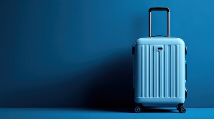 Bright blue suitcase standing against a solid blue wall, showcasing its sleek design and travel readiness in a minimalist setting