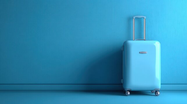 Bright blue suitcase stands against a matching blue wall, ready for travel in a modern space during daylight hours - Powered by Adobe