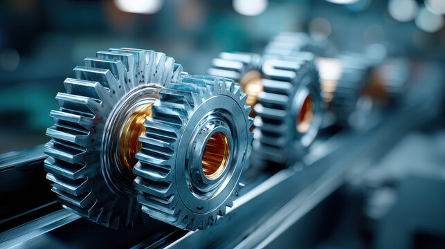 Close up of shiny metallic gears with gold-colored centers arranged in a row on a mechanical assembly line with soft reflective industrial background lighting and blur - Powered by Adobe