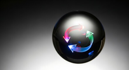 A dark, reflective glass sphere containing three glowing, colorful arrows forming a continuous cycle, symbolizing process, renewal, and dynamic change.