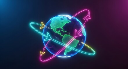 Glowing neon globe with arrows representing global connections and data transfer.