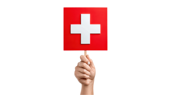 Hand Holding Swiss Flag Sign on White Background: Neutrality, Healthcare, and Switzerland