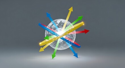 Abstract globe with colorful arrows pointing outwards, on gray background.
