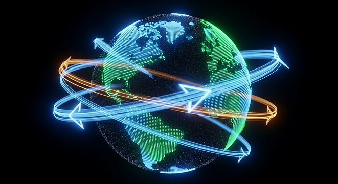 Digital rendering of planet Earth with glowing arrows symbolizing global travel, communication, and networks. - Powered by Adobe