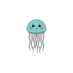 Cute teal jellyfish with pink cheeks and purple tentacles