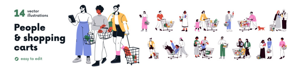 Customers with shopping carts and grocery trolleys set. Buyers, consumers with supermarket baskets. People walking with pushcarts. Flat graphic vector illustrations isolated on white background