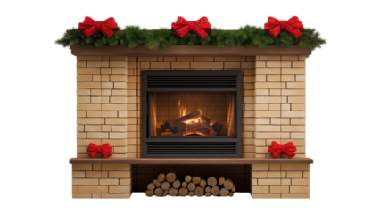 Cozy fireplace adorned with green garland and red bows, AI, PNG