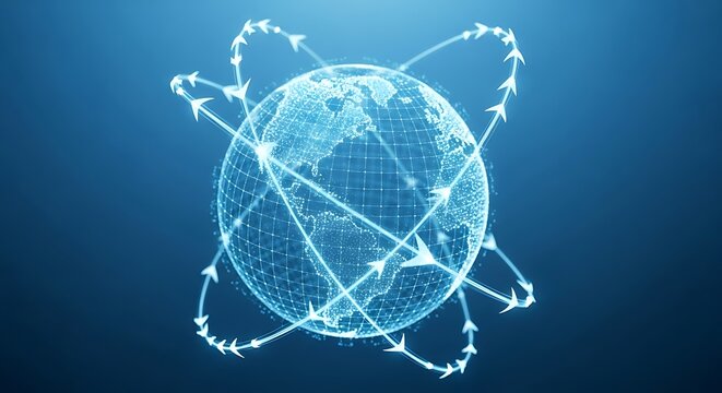A glowing blue digital globe with interconnected lines and arrows indicating global network connections and data flow. - Powered by Adobe