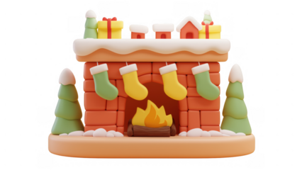 Festive fireplace decorated with stockings and gifts, created AI, PNG