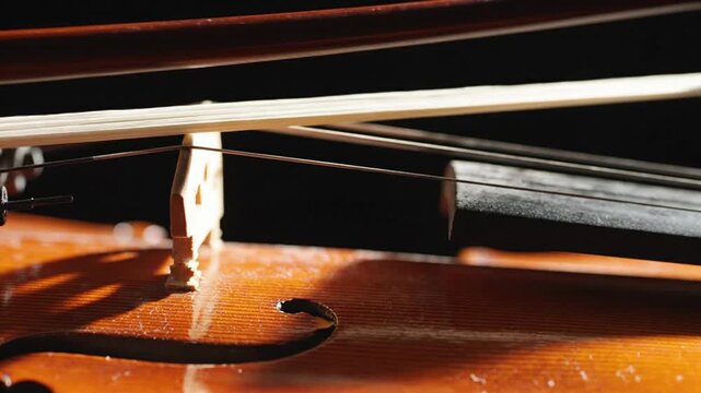 Close-up of a Violin Bow and Strings on a Wooden Instrument.