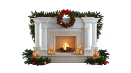 A festive fireplace surrounded by garlands and candles, AI, PNG