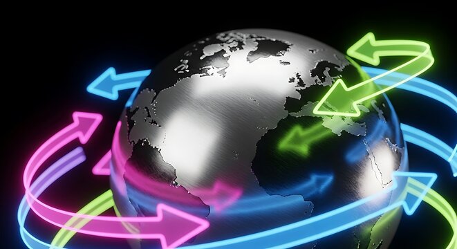 Metallic Earth globe with swirling neon arrows symbolizing global connection and circulation.