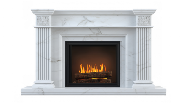 Marble fireplace with a glowing fire, created AI, PNG