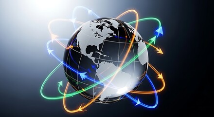 Global network concept with arrows orbiting the Earth, symbolizing connectivity and technology.