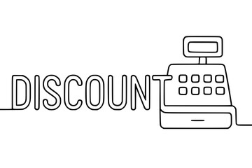 A minimalist line art graphic spells “DISCOUNT” with a continuous line that flows into the outline of a cash register