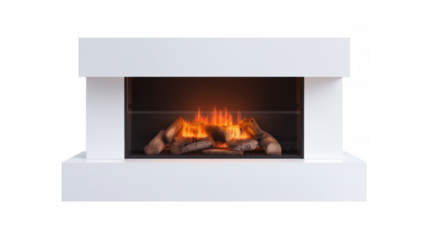 Cozy minimalist fireplace with glowing logs, created AI, PNG