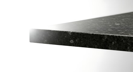 Close-up view of a dark speckled countertop edge against a bright white background.