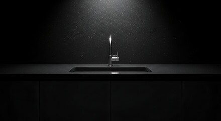 A sleek chrome faucet and modern black sink illuminated by a spotlight against a dark, textured wall.