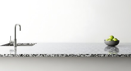 A modern kitchen countertop with a granite finish, featuring a stainless steel sink and faucet, and a bowl of green apples.