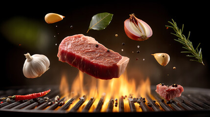 Grilled beef steaks with vegetables and spices fly over the glowing grill barbecue fire.