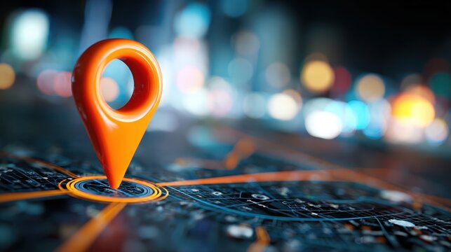 Location pin marks a spot on a colorful city map at night, showcasing urban navigation and exploration