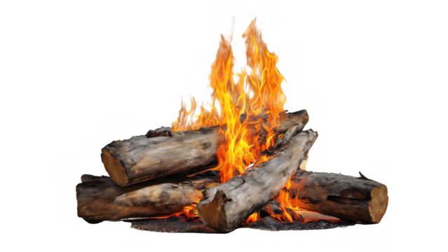 Flickering flames dance from stacked logs, created AI, PNG - Powered by Adobe